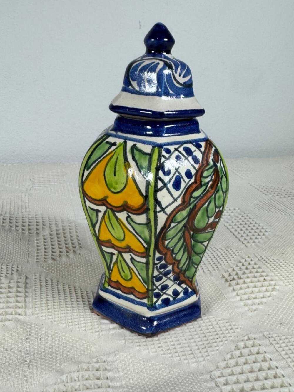 Handcrafted Talavera Ceramic Lidded Ginger Jar w Colorful Floral Design Mexico